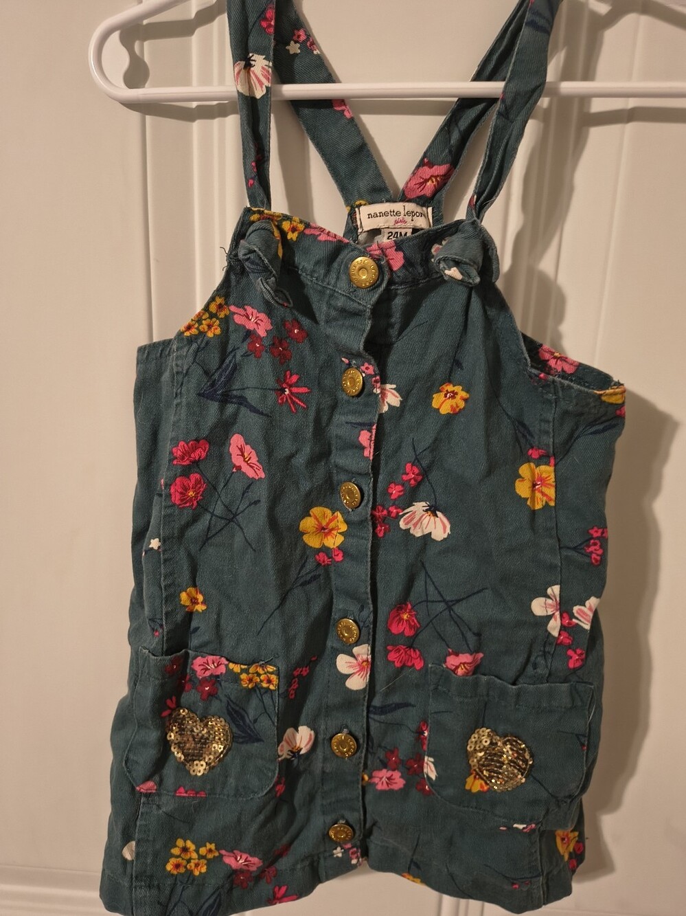 Nanette Lepore Teal Floral Girls' Jumper with Gold Buttons